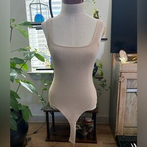 debut Ribbed Scoop-Square Neck Bodysuit in Beige NWOT